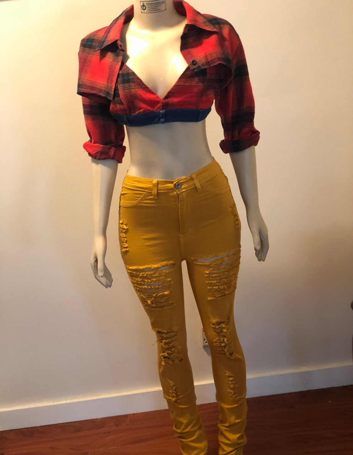 Plaid crop shirt and Denim bra