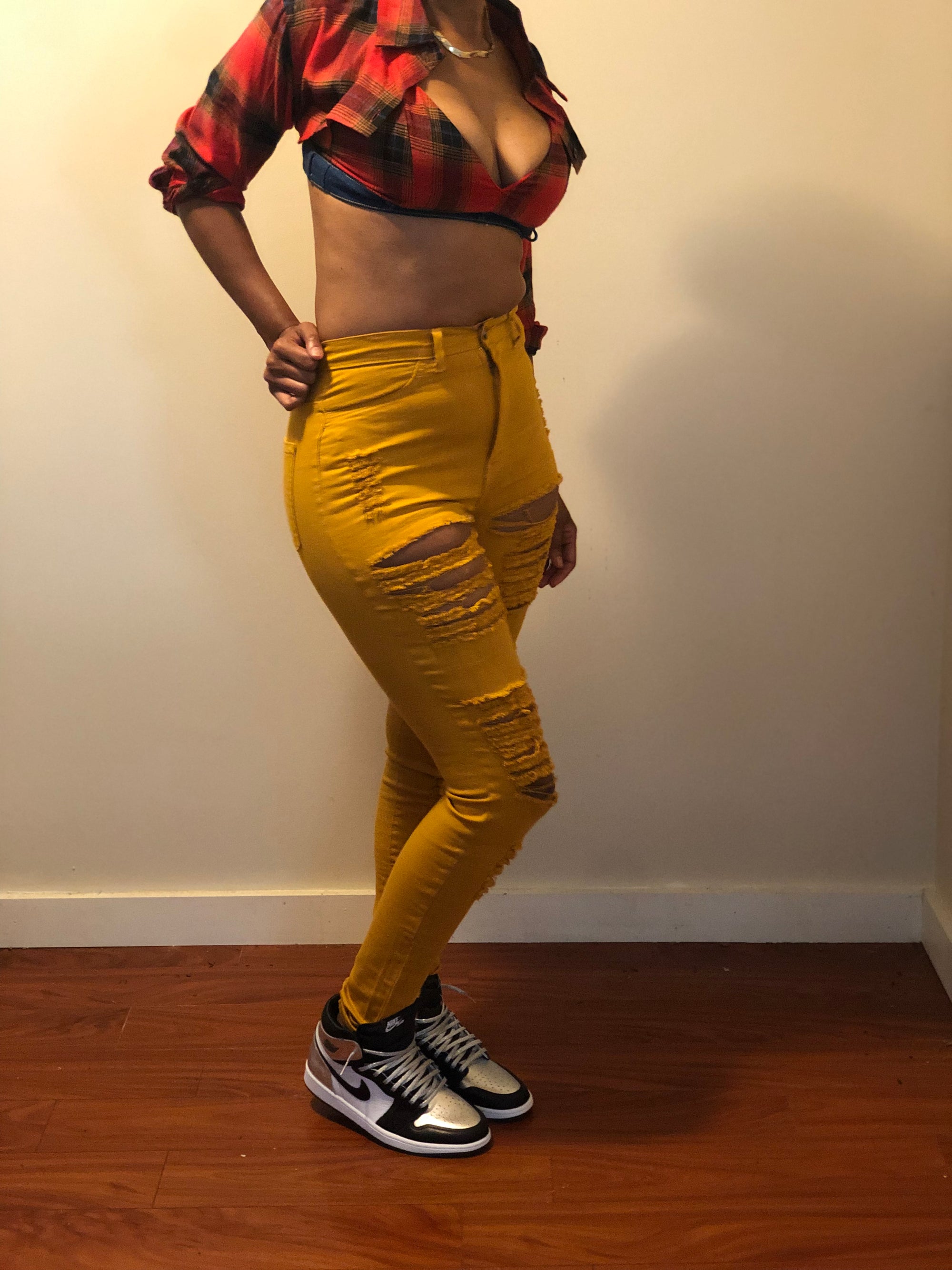 Plaid crop shirt and Denim bra
